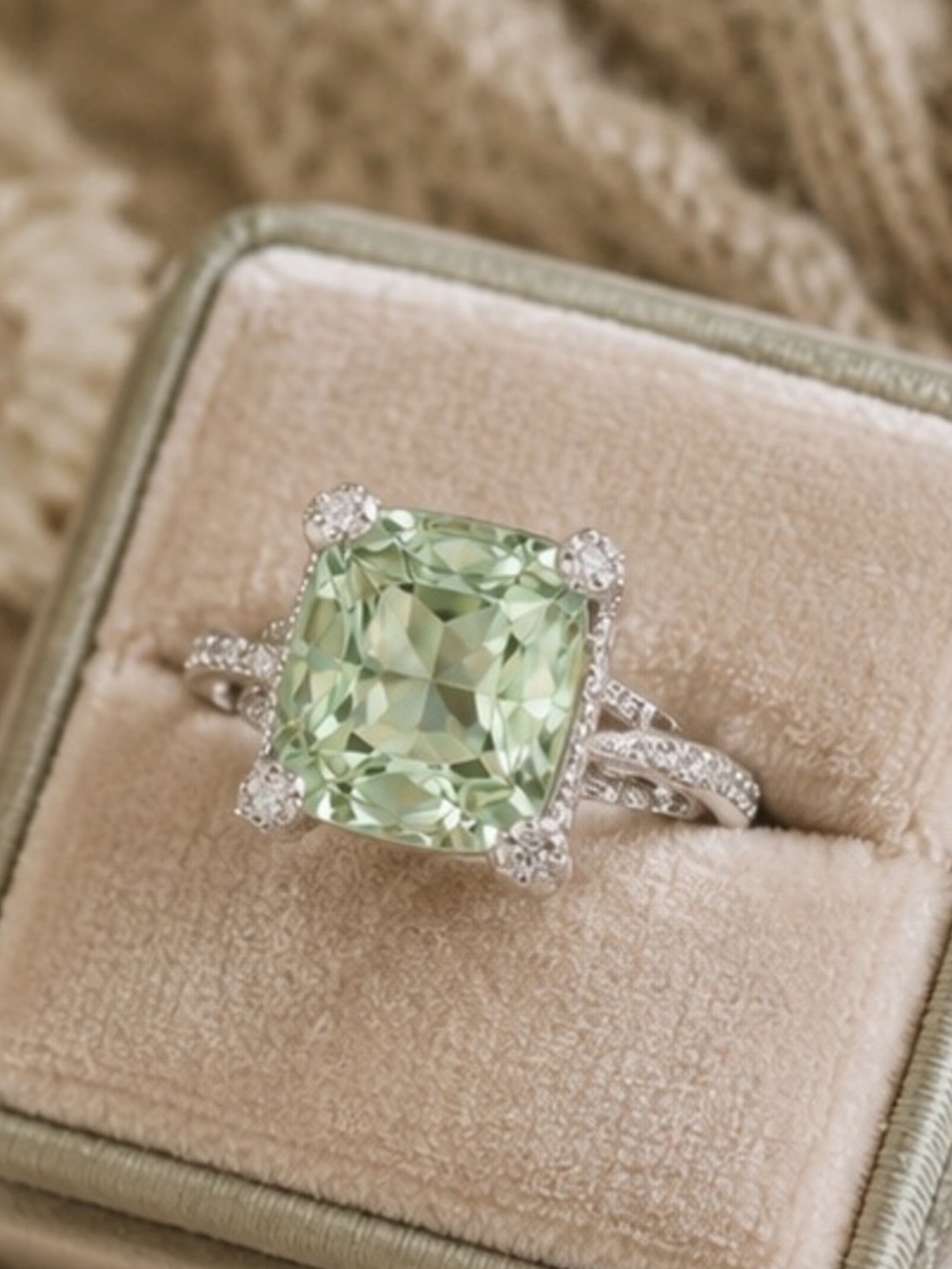 Pale Green Cushion Cut Halo Ring Size 8